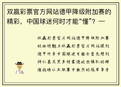 双赢彩票官方网站德甲降级附加赛的精彩，中国球迷何时才能“懂”？——体坛+