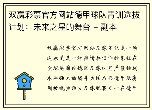 双赢彩票官方网站德甲球队青训选拔计划：未来之星的舞台 - 副本