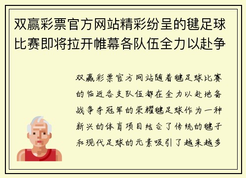 双赢彩票官方网站精彩纷呈的毽足球比赛即将拉开帷幕各队伍全力以赴争夺冠军荣耀