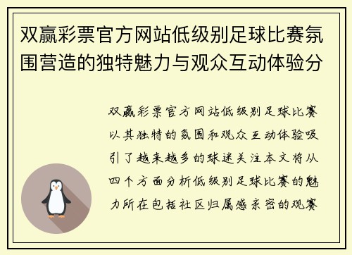 双赢彩票官方网站低级别足球比赛氛围营造的独特魅力与观众互动体验分析
