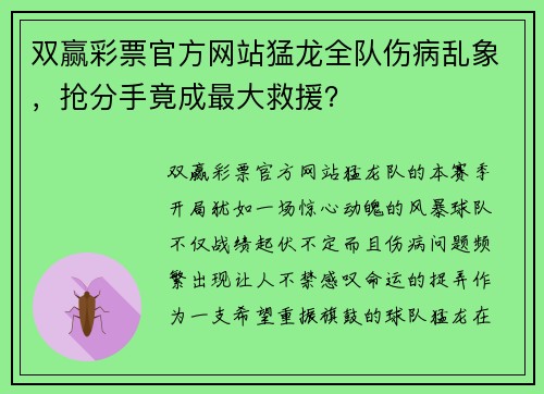 双赢彩票官方网站猛龙全队伤病乱象，抢分手竟成最大救援？
