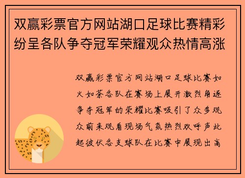 双赢彩票官方网站湖口足球比赛精彩纷呈各队争夺冠军荣耀观众热情高涨