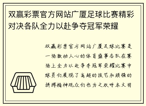双赢彩票官方网站广厦足球比赛精彩对决各队全力以赴争夺冠军荣耀