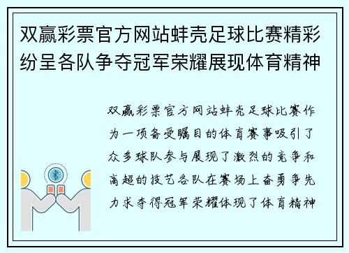 双赢彩票官方网站蚌壳足球比赛精彩纷呈各队争夺冠军荣耀展现体育精神