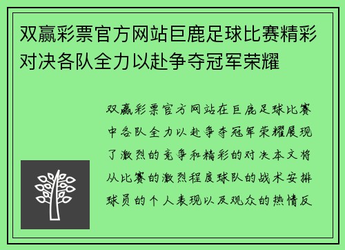 双赢彩票官方网站巨鹿足球比赛精彩对决各队全力以赴争夺冠军荣耀