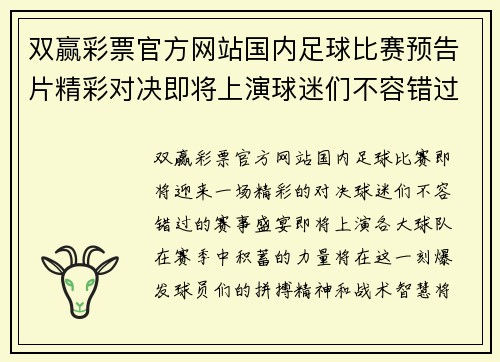 双赢彩票官方网站国内足球比赛预告片精彩对决即将上演球迷们不容错过的赛事盛宴